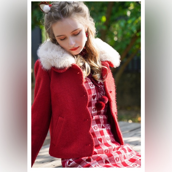 White & Red Checkered Heart Pattern Pom-Pom Front Tie Wool Blend Midi Dress M/L - Picture 7 of 13